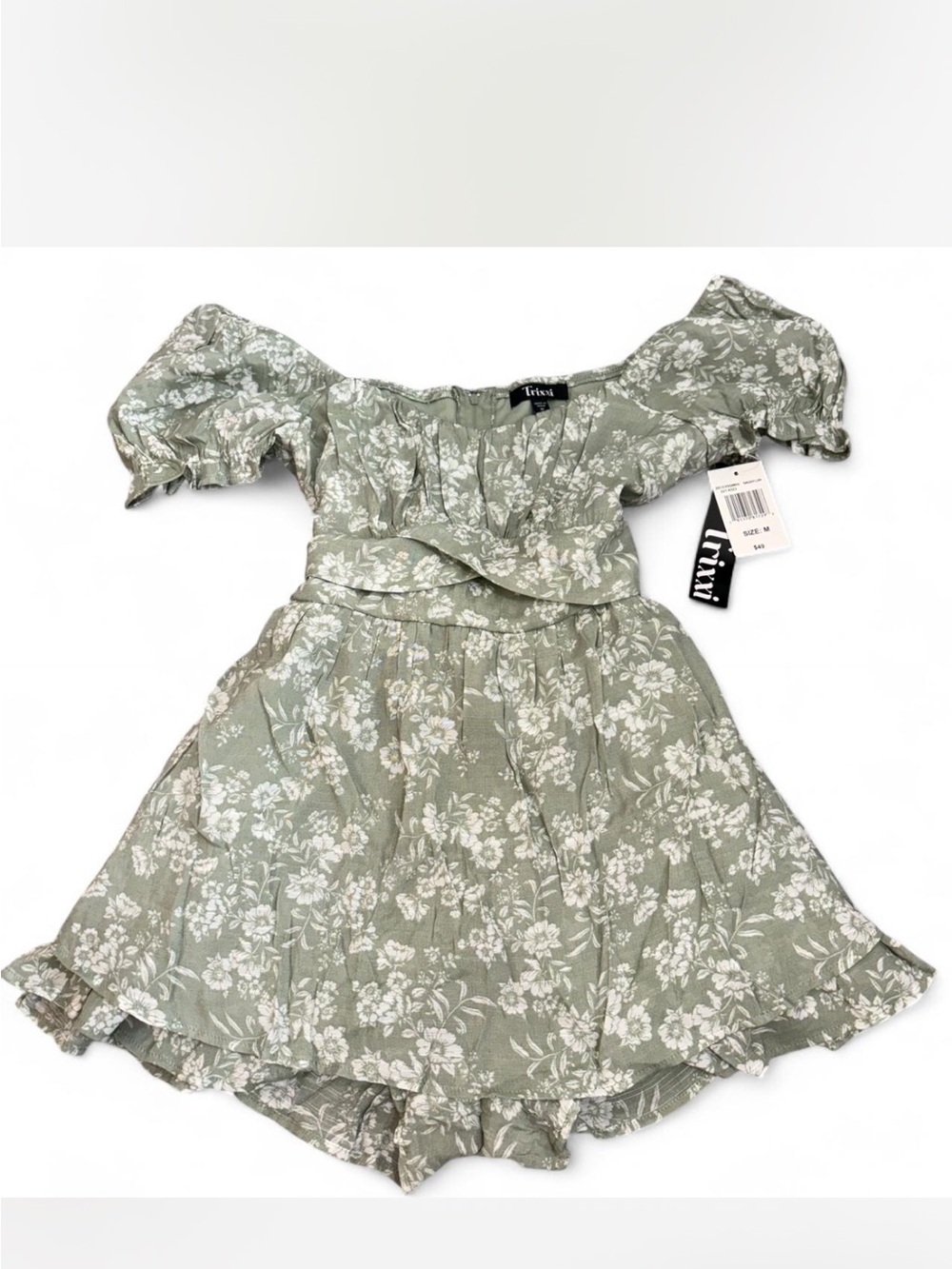 Trixxi Sage Green Floral Off-Shoulder Romper